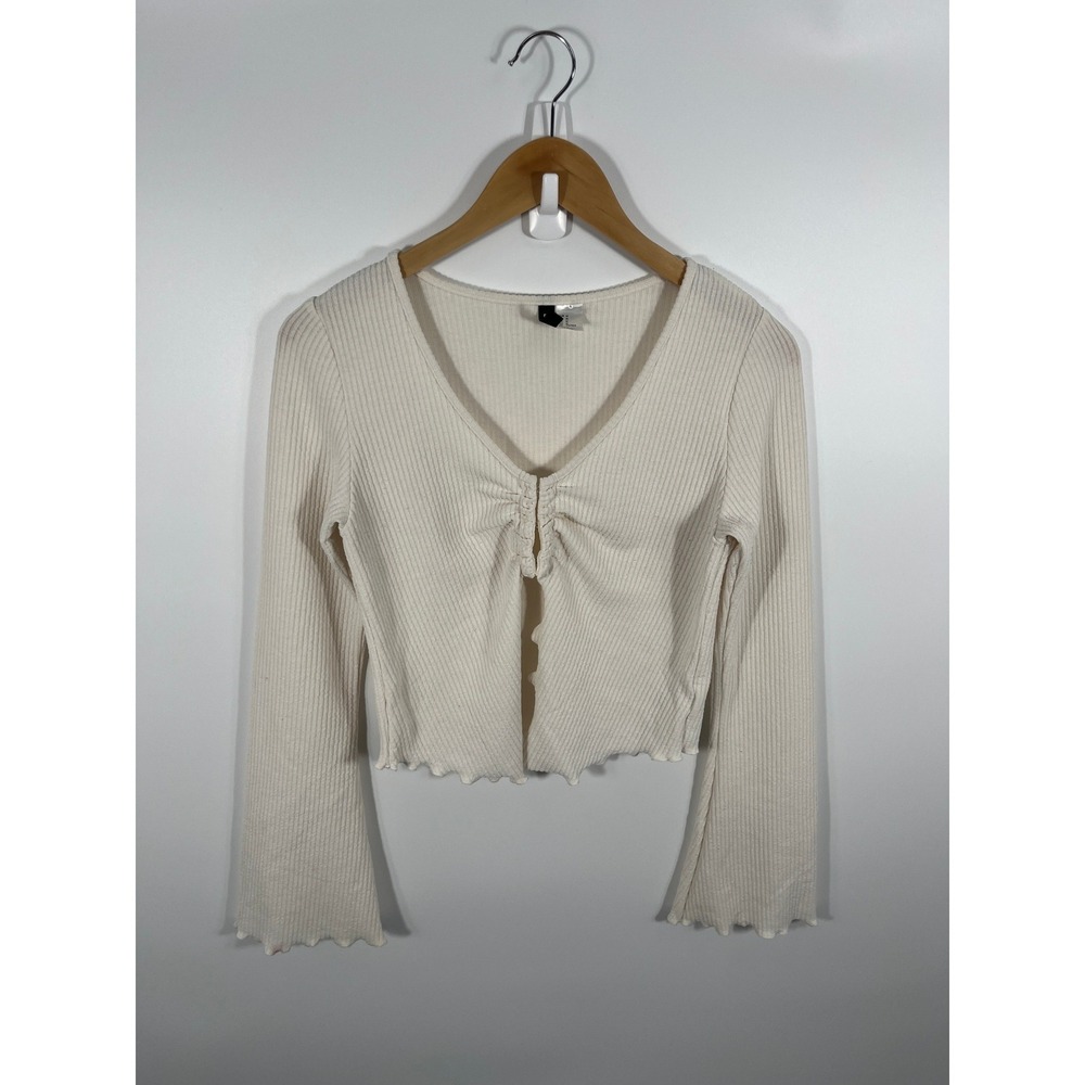 Y2K Womens Ribbed Top M White Flare Sleeve Lettuce Hem Fairy Angel Soft Girl